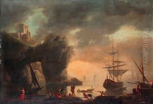 A Mediterranean inlet with a man-o'-war lowering its sails and fishermen pulling in their nets in the foreground by Vernet Claude Joseph