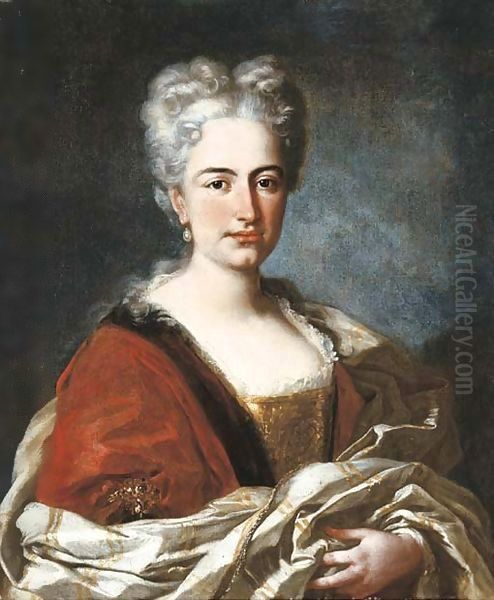 Portait of a lady, half-length, in a red and gold dress with lace trimmings and a satin shawl - view 1