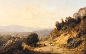Figures on a mountain track, a town beyond