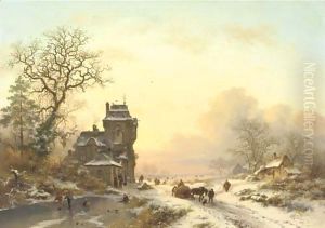 On the ice by a mansion at sunset
