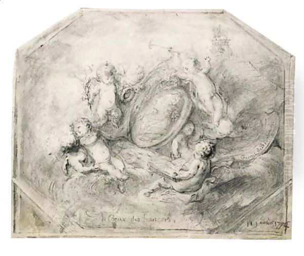 A portrait medallion of King Louis XV surrounded by putti carrying the attributes of Fame and History, an equestrian statue of King Louis XV beyond - view 1
