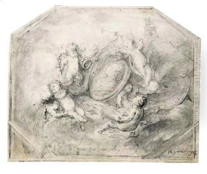 A portrait medallion of King Louis XV surrounded by putti carrying the attributes of Fame and History, an equestrian statue of King Louis XV beyond by Gabriel De Saint Aubin