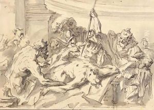 Satyrs and warriors threatening a bound captive by Gaspare Diziani