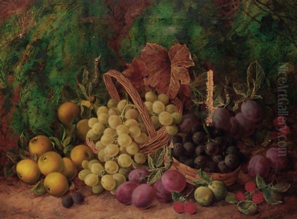 Red and white grapes, plums, raspberries, quinces and greengages on a mossy bank - view 1