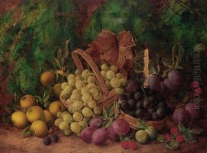 Red and white grapes, plums, raspberries, quinces and greengages on a mossy bank