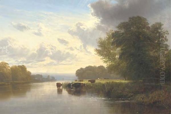 Cattle watering on the Thames by George Cole, Snr.