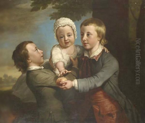 Group Portrait Of Three Children, Three-Quarter-Length, In A Wooded Landscape, The Eldest Holding A Peach - view 1
