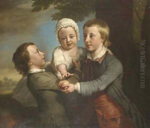 Group Portrait Of Three Children, Three-Quarter-Length, In A Wooded Landscape, The Eldest Holding A Peach by George Knapton