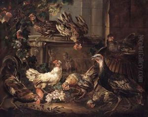 A turkey, a cockerel and hens eating grapes by a bas relief