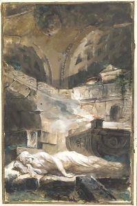A vestal virgin reclining near a holy fire in a tomb by Giuseppe Bernardino Bison