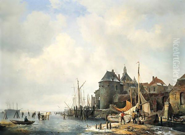 Een gezigt van de Rietdijkse Poort en het Hoofd te Dordrecht, bij winter - view 1