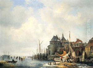 Een gezigt van de Rietdijkse Poort en het Hoofd te Dordrecht, bij winter by Hendrikus van den Sande Bakhuyzen
