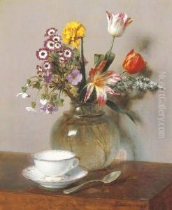Vase de fleurs avec une tasse de cafe by Ignace Henri Jean Fantin-Latour