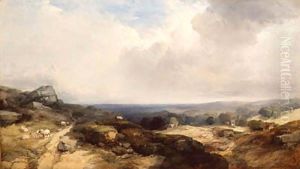 An extensive landscape with sheep in the foreground and cottages and a church in the middle distance by Henry Bright