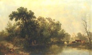 Anglers fishing beside a ruined Abbey