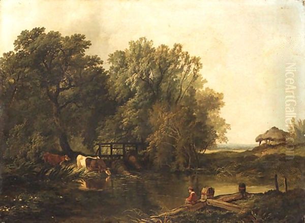 A wooded Landscape with a Boy fishing and Cattle watering by a Pool - view 1