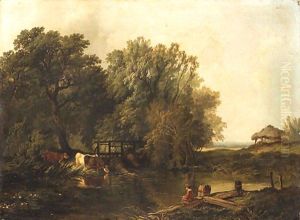 A wooded Landscape with a Boy fishing and Cattle watering by a Pool thumbnail