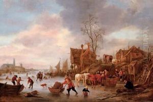 A winter landscape with villagers on a frozen canal