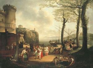 La Tarantelle An evening coastal landscape with Neapolitan peasants dancing the Tarantella