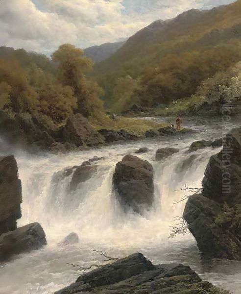 Anglers by a waterfall - view 1