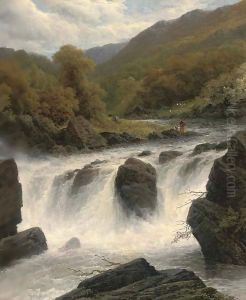 Anglers by a waterfall by James Burrell-Smith