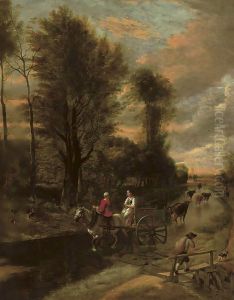 A horse-drawn cart with two women travelling down a flooded road at the edge of a wood