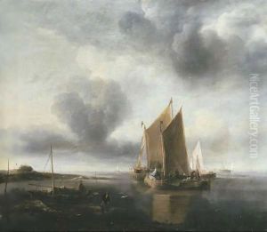 Two smalschips and other shipping off a sandbank in a calm by Jan Van De Capelle