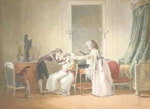 A young man piercing the ear of a young girl seated on the knees of a woman, another bringing an earring by Jean-Baptiste Mallet