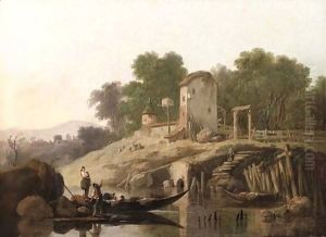 An Italianate river landscape with gondolas, a farmhouse beyond