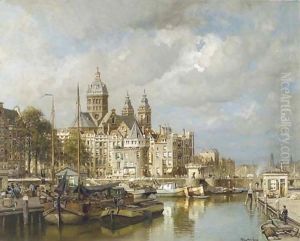 A bustling Prins Hendrikkade with the St. Nicolaas church and the Schreierstoren, Amsterdam