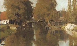 Farmhouses along the water by Johannes Christiaan Karel Klinkenberg