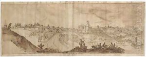 An extensive view of Perugia, a draughtsman in the foreground