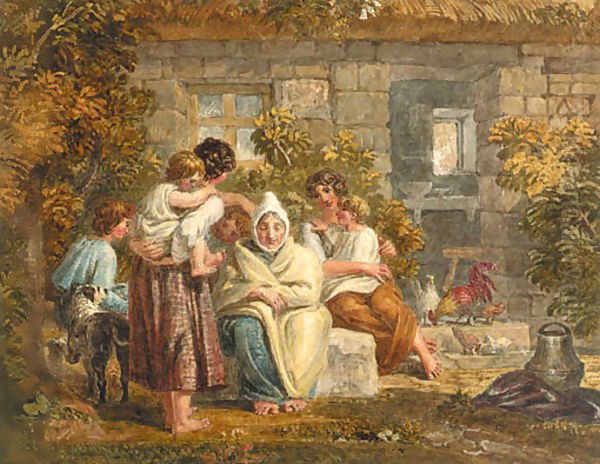 Figures outside a thatched farmhouse - view 1