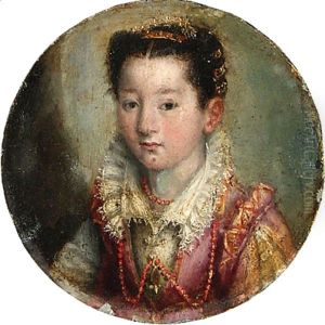 Portrait of a girl, bust-length, in a pink and white embroidered dress, wearing a coral necklace by Lavinia Fontana