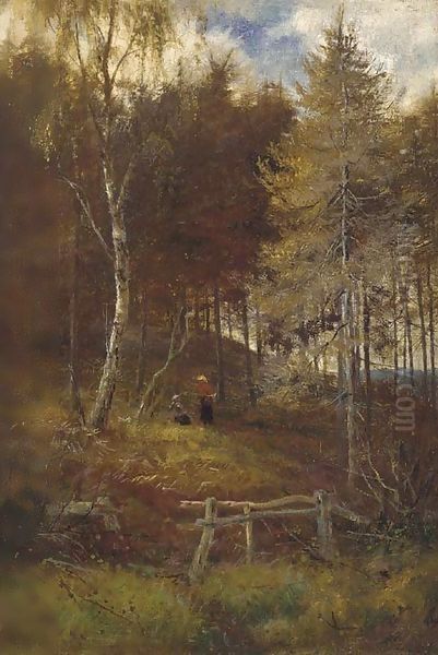 Figures resting on a woodland path - view 1