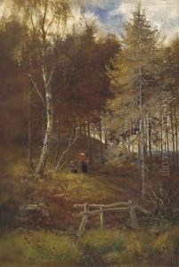 Figures resting on a woodland path by Louis Bosworth Hurt