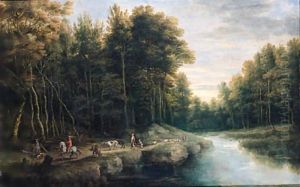 Sportsmen, shepherds and peasants on a track by a brook in a forest, another sportsman shooting duck nearby