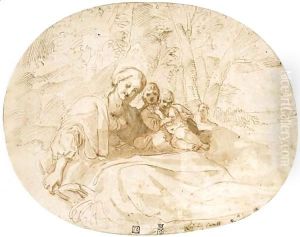 The Virgin and Child with the Infant Baptist in a wooded landscape near the coast by Lodovico Carracci