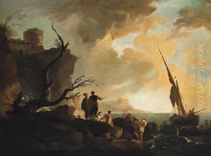 A Mediterranean coastline with Fisherfolk on the Shore, a hilltop Fortress beyond by Vernet Claude Joseph