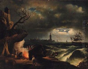 A moonlit coastline with a yacht in a storm near a lighthouse and fisherfolk around a fire in the foreground by Vernet Claude Joseph