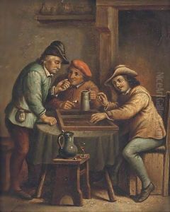 Boors playing backgammon and drinking in an interior