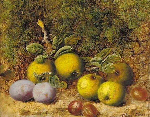 Apples, gooseberries and plums on a mossy bank - view 1