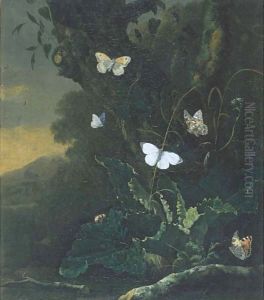 A forest floor still life with a Small Tortoiseshell (aglais urticae), a male Large White (pieris brassicae), a Painted Lady (vanessa cardui) by Otto Marseus van Schrieck