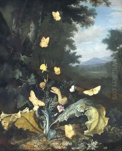 A forest floor still life with a snake, butterflies, a ladybird and a snail, a mountainous landscape beyond