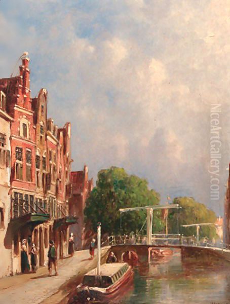 Figures on a sunlit quay with drawbridges over a canal - view 1