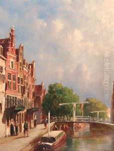 Figures on a sunlit quay with drawbridges over a canal by Pieter Gerard Vertin