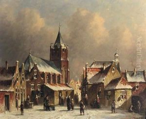 Townsfolk conversing on a snow-covered square in a city by Pieter Gerard Vertin