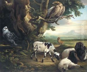 Birds of prey, goats and a wolf, in a landscape by Philip Reinagle