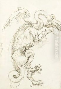 A standing dragon in profile to the right
