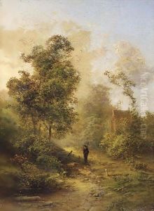A hunter walking on a forest path by Pieter Lodewijk Francisco Kluyver